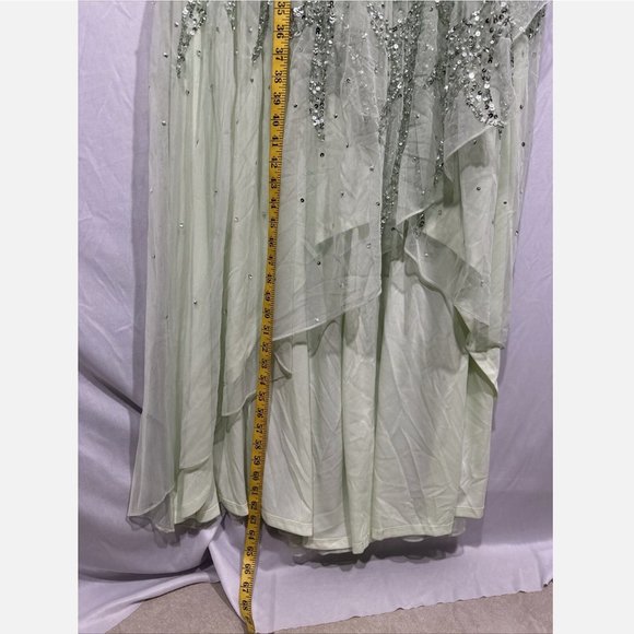 NWT $498 Mac Duggal [ 18 ]‎ Sequined Butterfly Sleeve High Low Gown Sage Greeen - Picture 10 of 14
